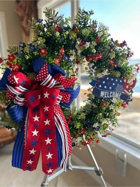 Patriotic Red, White & Blue Welcome Holiday Wreath with Bow